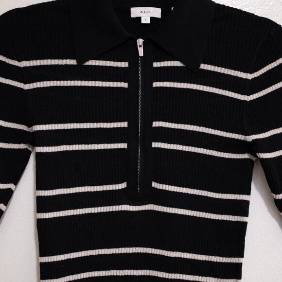 A.L.C. Cooper Top Black White Stripe Stretch Knit Polo Henley Zipper SZ S - Picture 5 of 7